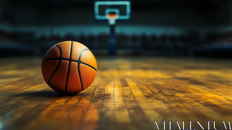Basketball rests on polished indoor court under hoop focus