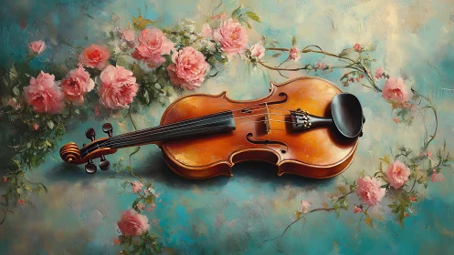 Violin laid among pink roses on a soft teal background.