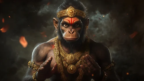 Simian warrior figure with ornate gold armor and adornments.