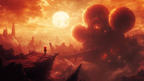 Lone figure faces burning citadel under colossal sun.