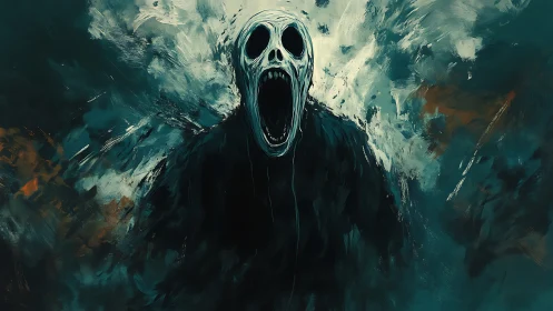 Screaming skull figure in swirling dark abstract mist.