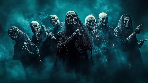 Skeletal metal ensemble in cyan smoke with dramatic backlight.