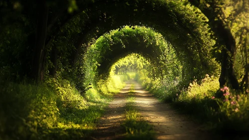 Sunlit woodland tunnel framing a winding country path.