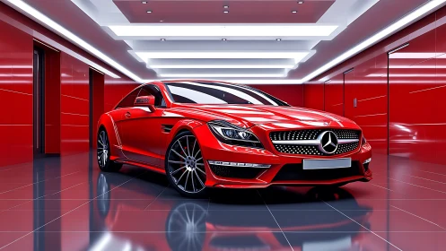 Photorealistic red coupe in reflective high-gloss gallery space.