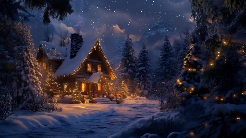 Snowy forest cabin glows with warm festive winter lights