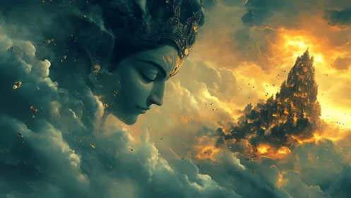 Celestial deity dreaming above a burning sky citadel.