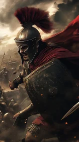 Roman warrior surges through smoky battlefield skies.