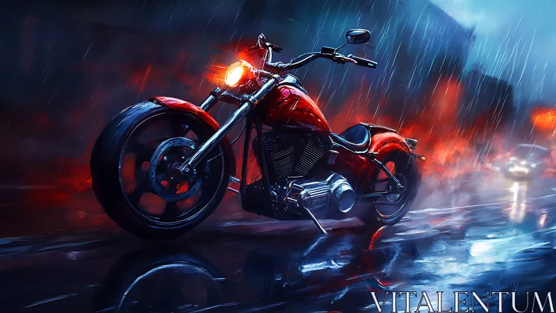 Red motorcycle on wet city street under heavy rain at night.