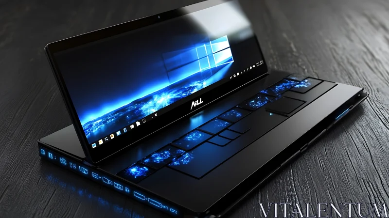 Futuristic black laptop with illuminated modular keyboard design.