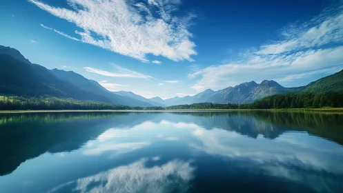 Mountain lake panorama with mirrored alpine skyline.
