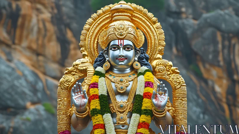 Photorealistic gilded deity sculpture with floral adornment.