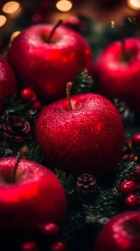 Macro close-up of glittered red apples in festive shallow focus
