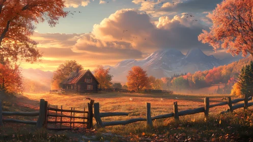 Autumn farmhouse valley at sunrise with snowcapped mountains
