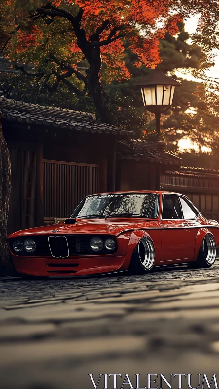 Stanced red BMW 2002 on cobblestone street at autumn dusk