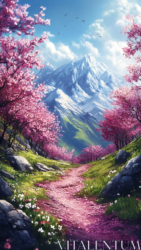 Petal-bright mountain path winds toward snowlit spring peaks