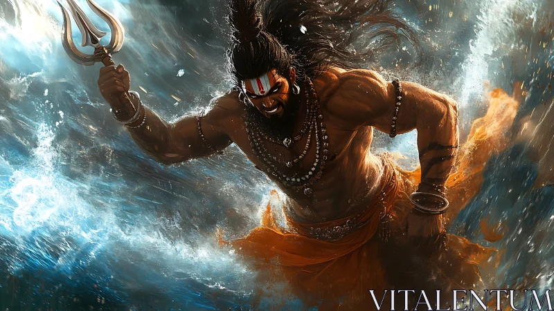 Fierce warrior strides through stormy waves with fiery spirit.
