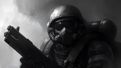 Armored sci-fi soldier stands ready in smoky grayscale scene.
