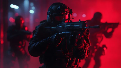 Tactical squad moves through neon red haze with calm focus.