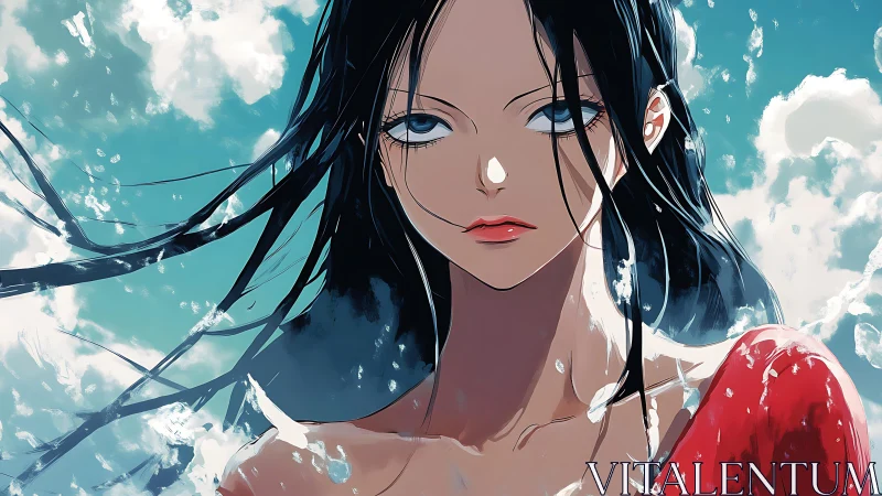 Storm-eyed swimmer rises beneath shattered summer sky.