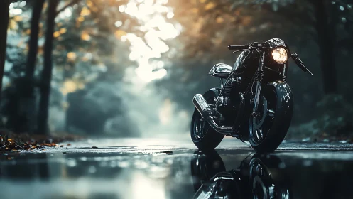 Custom cafe racer stands on wet forest road at dawn.