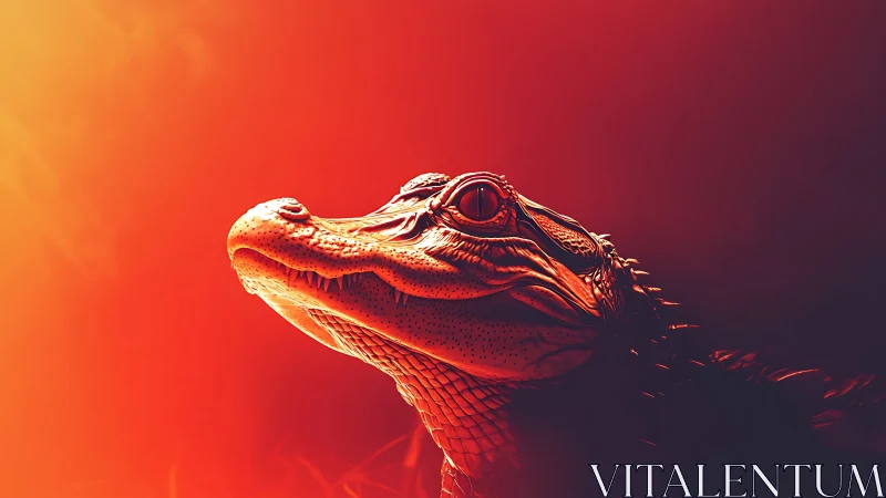 Crocodile basks in molten sunset glow like sculpted ember