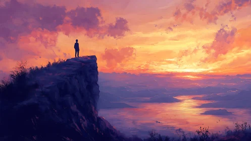 Quiet soul on a glowing cliffside sunset horizon.
