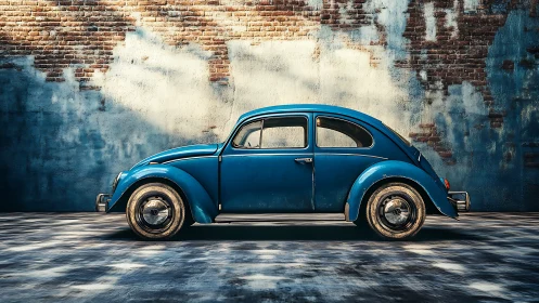 Vintage blue Beetle rests by sunlit weathered wall.
