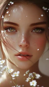 Hyperreal female portrait merges soft light and spring florals