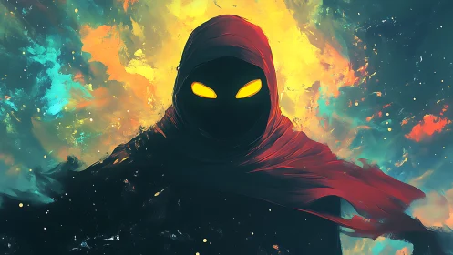 Hooded void figure with luminous eyes in nebular color field
