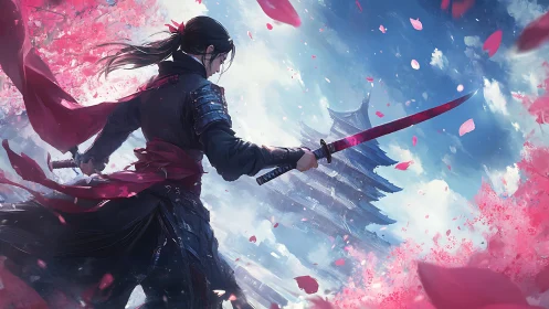 Samurai duel tableau amid sakura storm, dynamic digital painting.