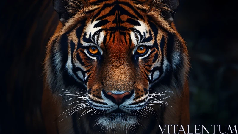 Golden-eyed tiger gazing softly through deep jungle shadows.