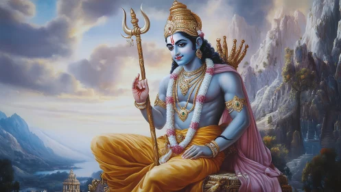 Blue-skinned deity with trident in ornate mountainous landscape