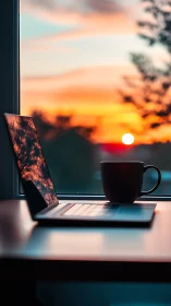 Backlit laptop and coffee cup frame a saturated sunset sky