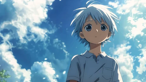 Pensive silver haired anime boy under luminous summer sky