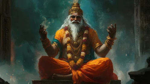 Radiant guru in orange robes rendered with high-detail digital brushwork