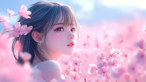 Anime portrait in luminous pink floral bokeh field framework.