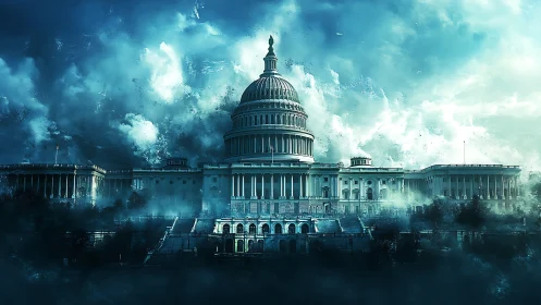 Storm-lit capitol building looms beneath turbulent teal skies