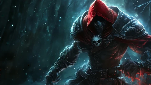 Hooded death knight stalks frozen spectral forest night