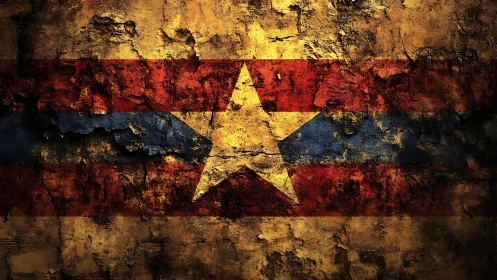 Weathered grunge star emblem overlays cracked striped wall