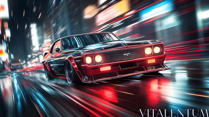 Midnight muscle car slices through neon rain and blurred steel