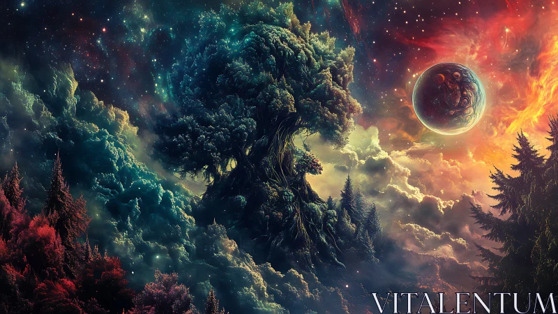 Cosmic tree rises amid nebula clouds and glowing planet