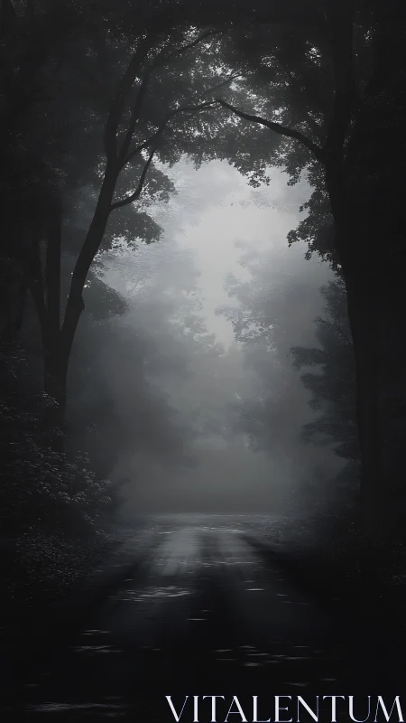 Misty Forest Canopy Silhouettes with Wet Road Surface
