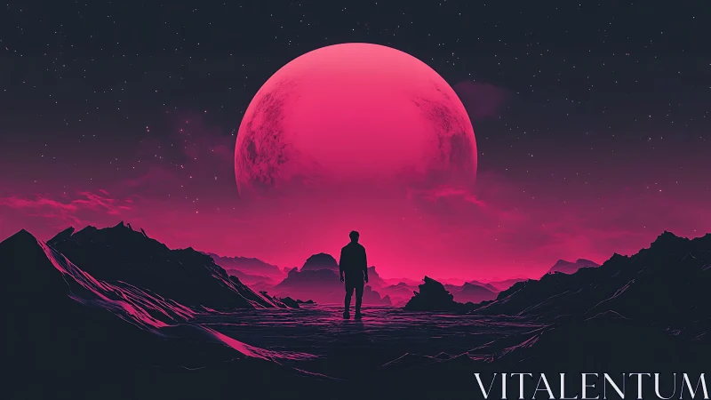 Silhouette on alien terrain facing large pink celestial body.