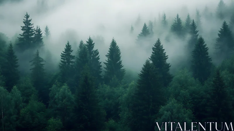 Coniferous forest landscape with atmospheric mist and fog layering