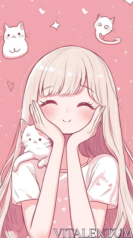 Smiling pastel girl with cute white cats on pink background.