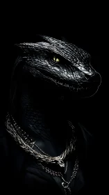 Midnight-scaled dragon dons chains and studies the dark