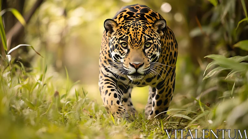Jaguar walking through dense green foliage in rainforest.