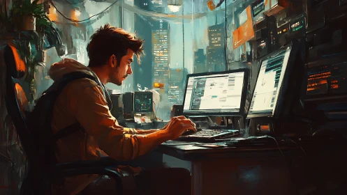Digital workstation scene shows person using multiple monitors