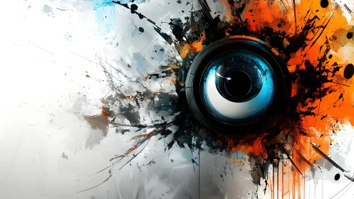 Radial cybernetic eye core intersects chaotic ink splatter field