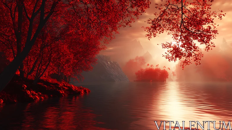 Cinematic crimson lakeside forest with luminous backlit haze.